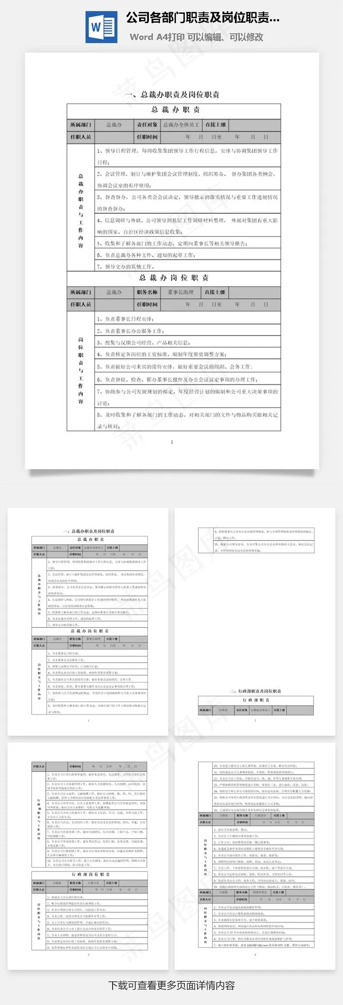 公司各部门职责及岗位职责Word文档
