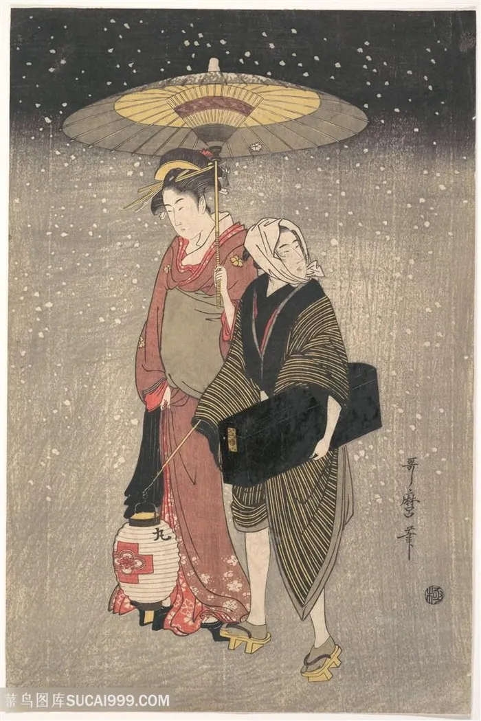 喜多川歌磨手绘雪花纸伞美女装饰画