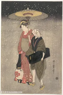 喜多川歌磨手绘雪花纸伞美女装饰画 喜多川歌磨手绘雪花纸伞美女装饰画