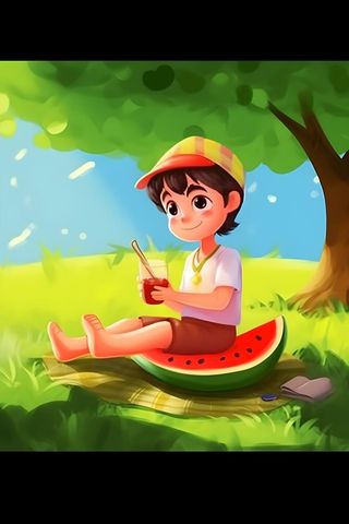 夏日人物水果树荫乘凉插画素材背景