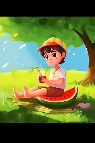 夏日人物水果树荫乘凉插画素材背景