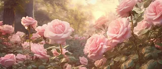 花园中的粉红玫瑰在阳光明媚的阳光下生长，柔和柔和的色调，广阔