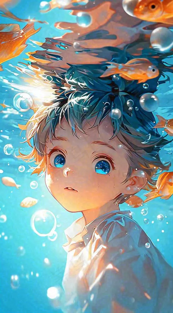 夏天泳池游泳少年儿童手绘插画，夏至小暑(816x1472)