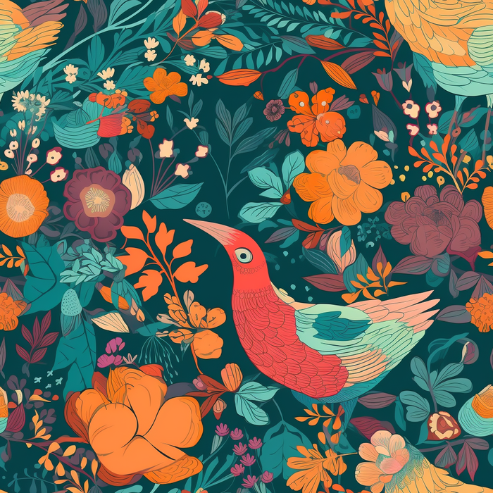 花鸟图，插画风格，无缝贴图，素材