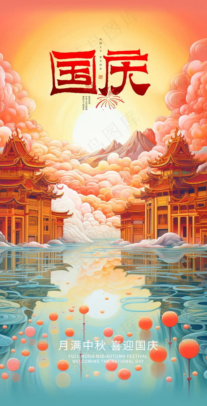 手绘国庆插画画面psd模版下载