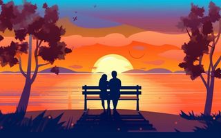 夕阳晚霞日楼情侣剪影橘红背景