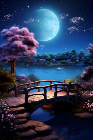 夜晚星空森林小桥花朵背景