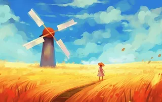 秋天麦田里的女孩背影插画背景