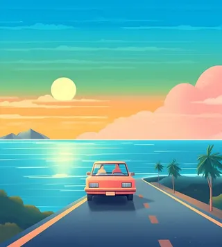 开车旅行海边公路天空云朵插画背景