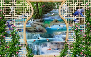 流水生财瀑布九鱼背景