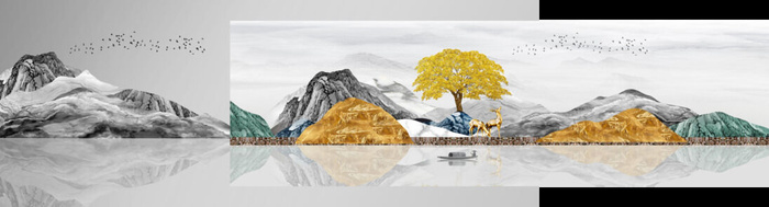 中式山水金色发财树背景