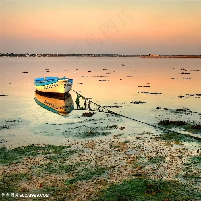 滩涂海景船高清风景画