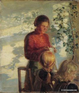 安娜·安彻--两个正在学习缝纫的小女孩