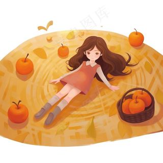 秋日野餐户外活动少女欢乐橙色卡通插画免抠