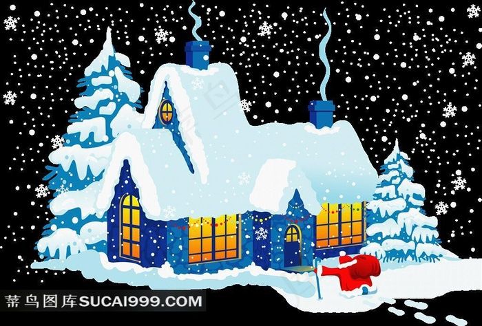 被雪覆盖的小房子和圣诞树拼贴分层素材