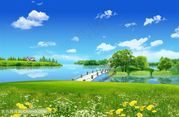 唯美湖畔草地风景画韩式自然背景