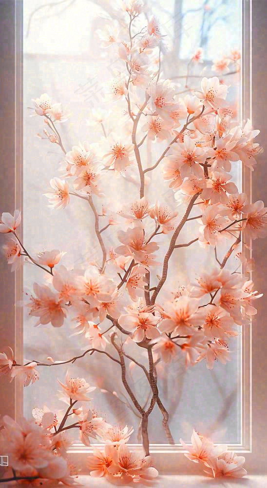春天窗台粉色渐变鲜花，枝叶，春节立春(816x1488)