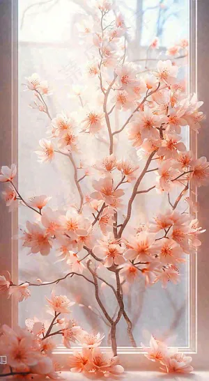 春天窗台粉色渐变鲜花，枝叶，春节立春