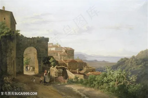 乡村房子与人风景油画图片