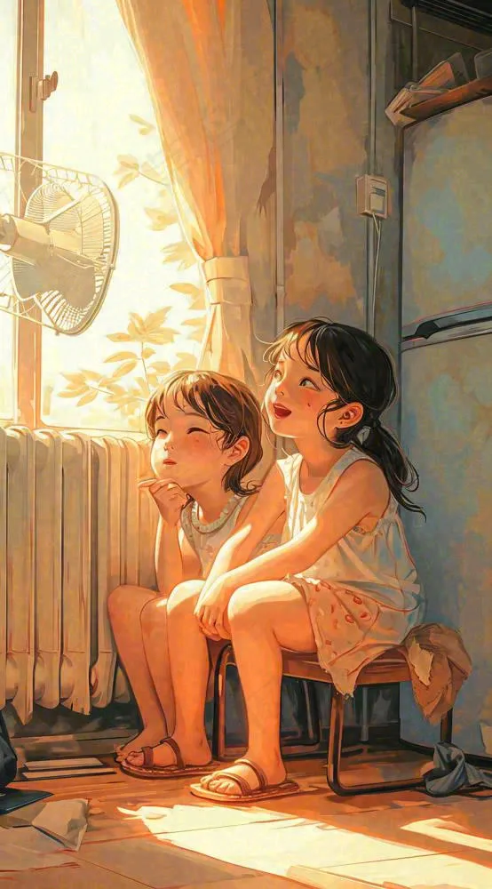夏天风扇凉快清新儿童，阳光夏至手绘插画(816x1472)