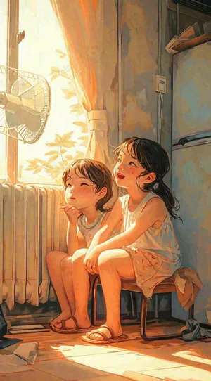 夏天风扇凉快清新儿童，阳光夏至手绘插画