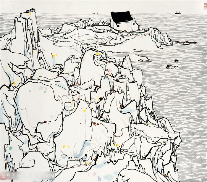 吴冠中手绘线描山脉湖畔美景装饰画