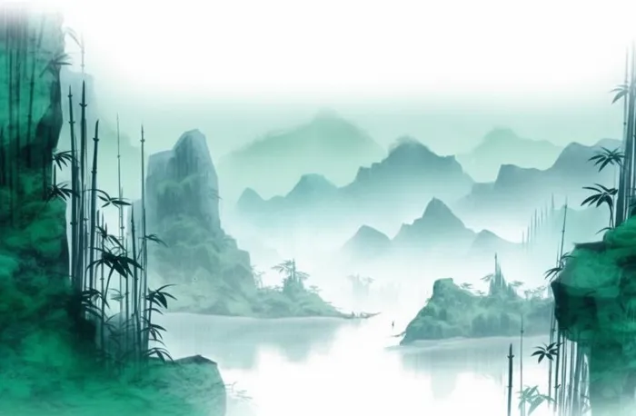 中国山水竹子水墨画绿色背景(1344x880)