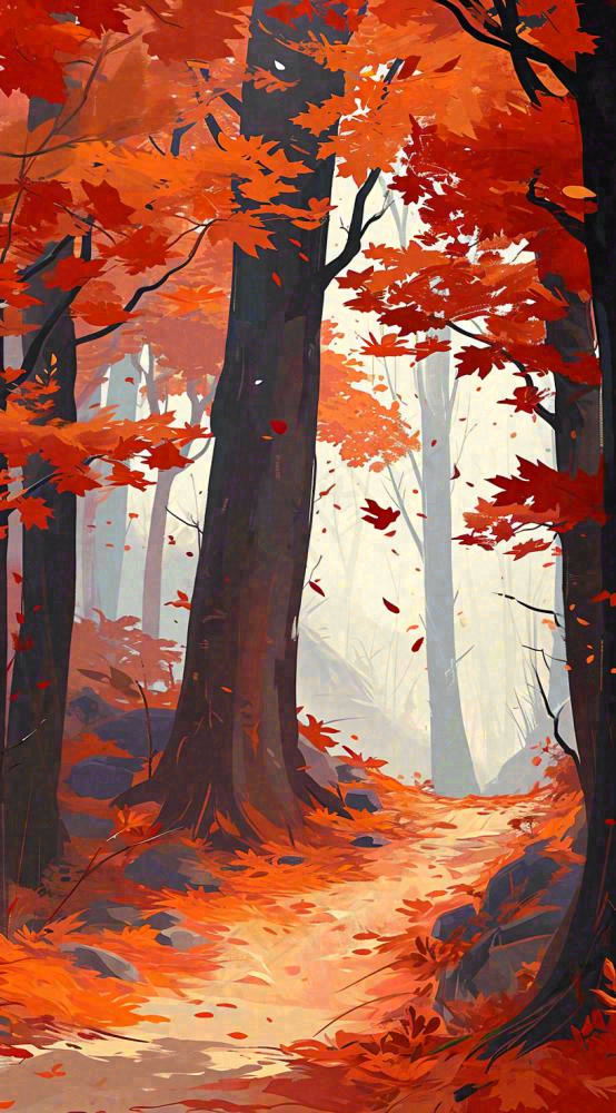 秋天红色秋叶树落叶温馨自然风景，立秋手绘插画(816x1472)