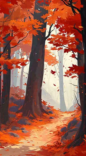 秋天红色秋叶树落叶温馨自然风景，立秋手绘插画