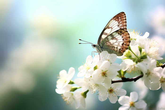 a butterfly sitting on top of a white flower, a picture by Han Gan, trending on pixabay, romanticism, flowers and butterflies, spring time, beautiful lightness 