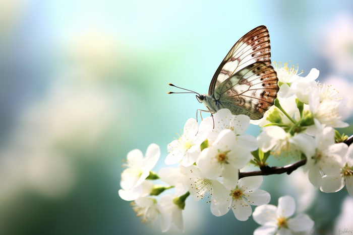 a butterfly sitting on top of a white flower, a picture by Han Gan, trending on pixabay, romanticism, flowers and butterflies, spring time, beautiful lightness (4032x2688)