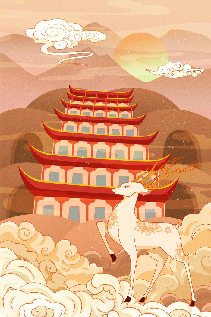 中国风国潮烫金仙鹤山水古建筑风景装饰插画背景PSD分层设计素材