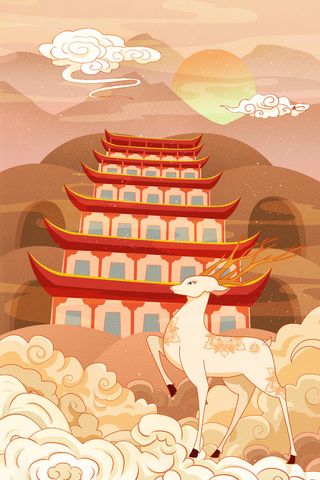 中国风国潮烫金仙鹤山水古建筑风景装饰插画背景PSD分层设计素材