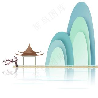 中国风 复古烟 青色 清新山水 剪纸元素 景色 PNG 免抠 素材