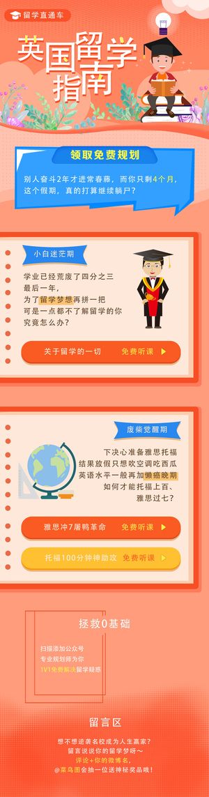 红色英国留学指南直播线上教育线上教学课程培训H5长图手机海报