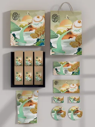 国风高档茶叶包装盒袋罐瓶LOGO标贴展示VI智能贴图样机PSD素材