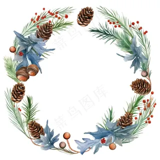 花环圣诞花环松球水彩免抠