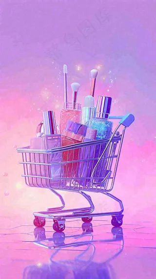 粉紫绚丽购物车采购电商美妆时尚，3D推车