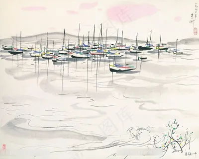 吴冠中手绘唯美水墨湖畔船风景画装饰画