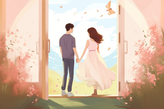 粉色鲜花的房子里的情侣牵手向外面的草原山川走去插画图 