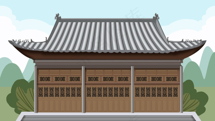 古风建筑插画psd模版下载