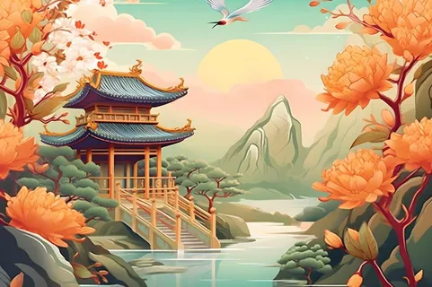 国潮花朵仙鹤云间背景