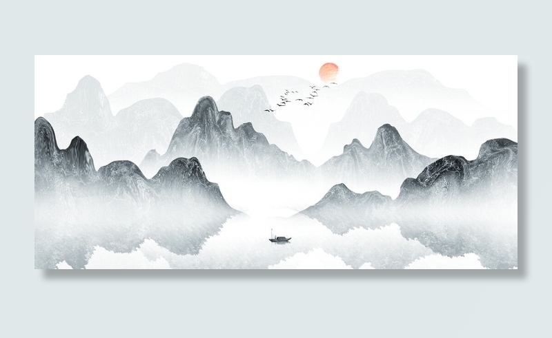大雁东南飞山峰水墨画PSD素材