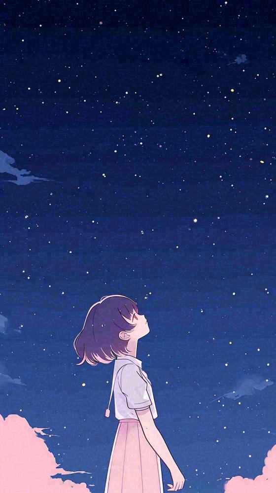 闪烁夜晚浪漫少女仰望星空粉紫色，银河月亮