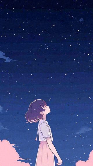 闪烁夜晚浪漫少女仰望星空粉紫色，银河月亮