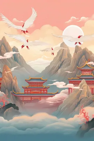 国潮仙鹤国风山脉背景