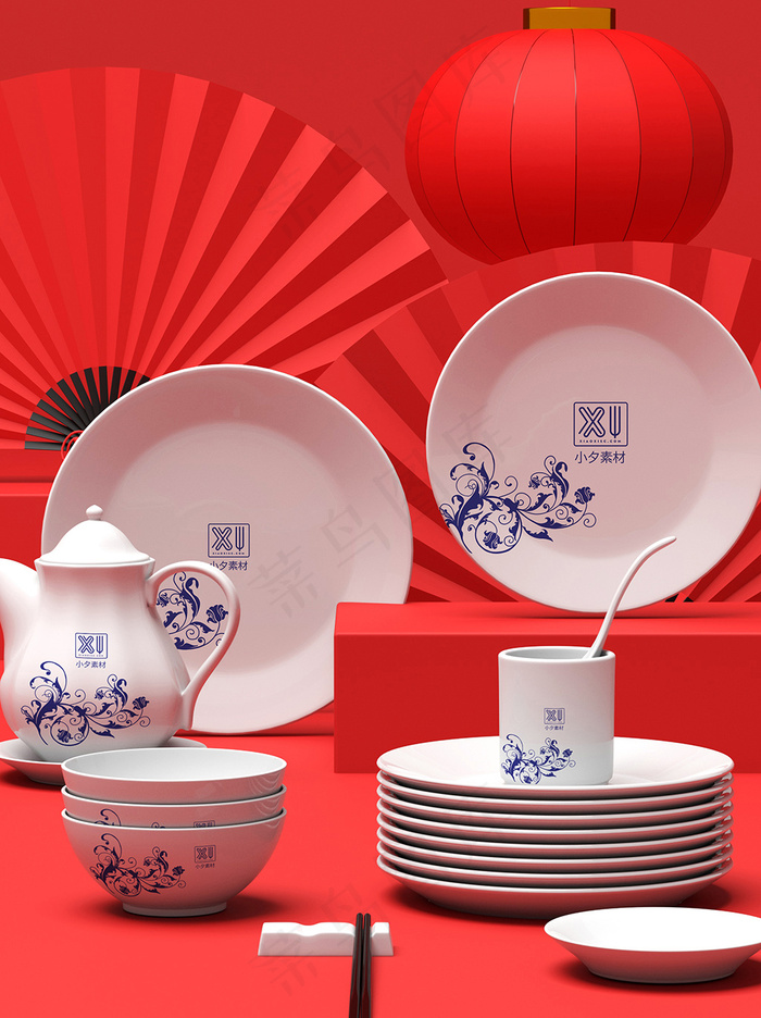 国潮风中式文创餐具智能样机psd模版下载