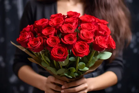 女生抱着一束红色玫瑰花摄影图