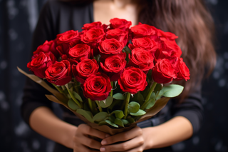 女生抱着一束红色玫瑰花摄影图