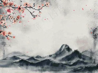 中国风水墨山水画，山脉枝叶花朵手绘插画